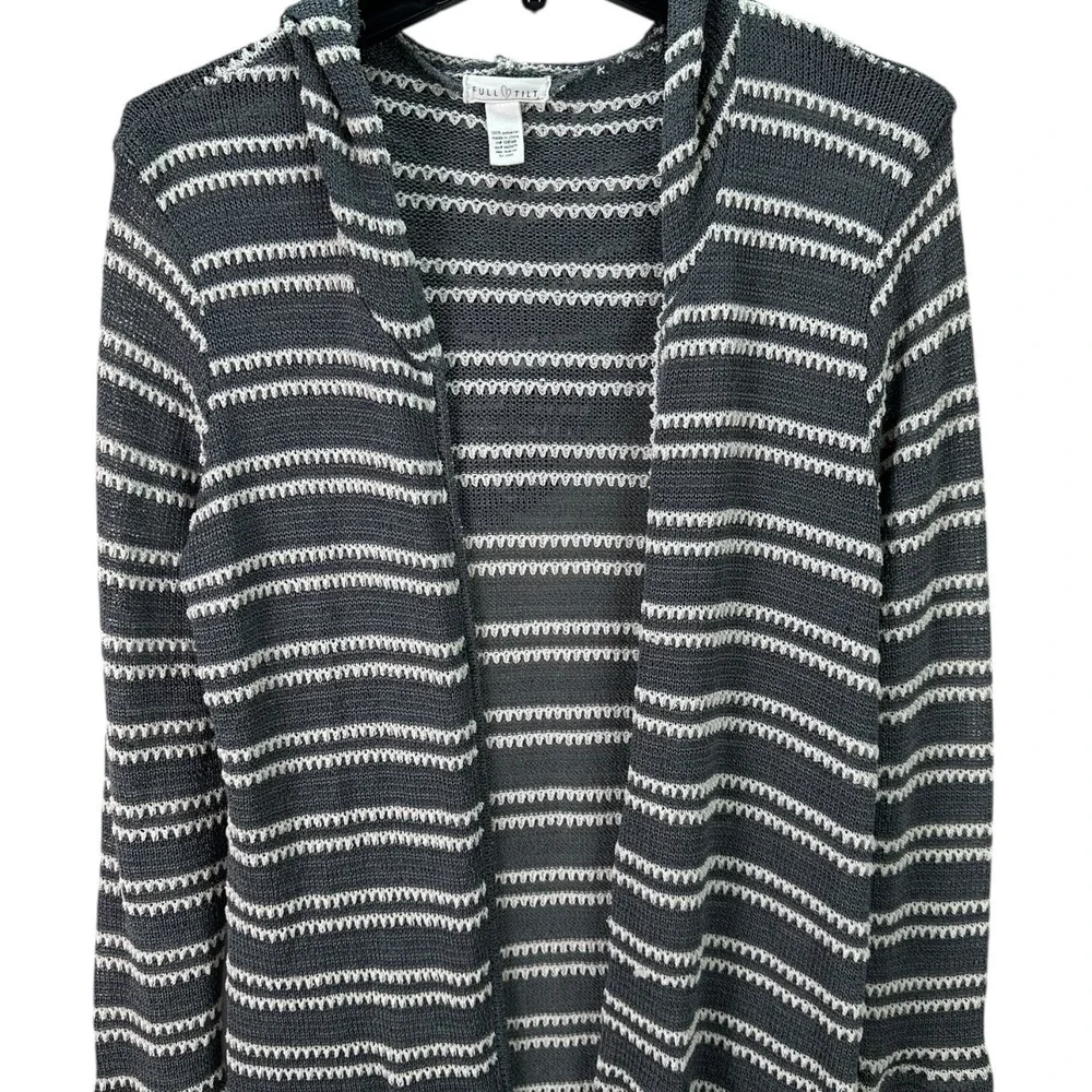 🌸3/$15🌸 FULL TILT Gray White Stripe Knit Hooded Long Duster Cardigan Open Front
